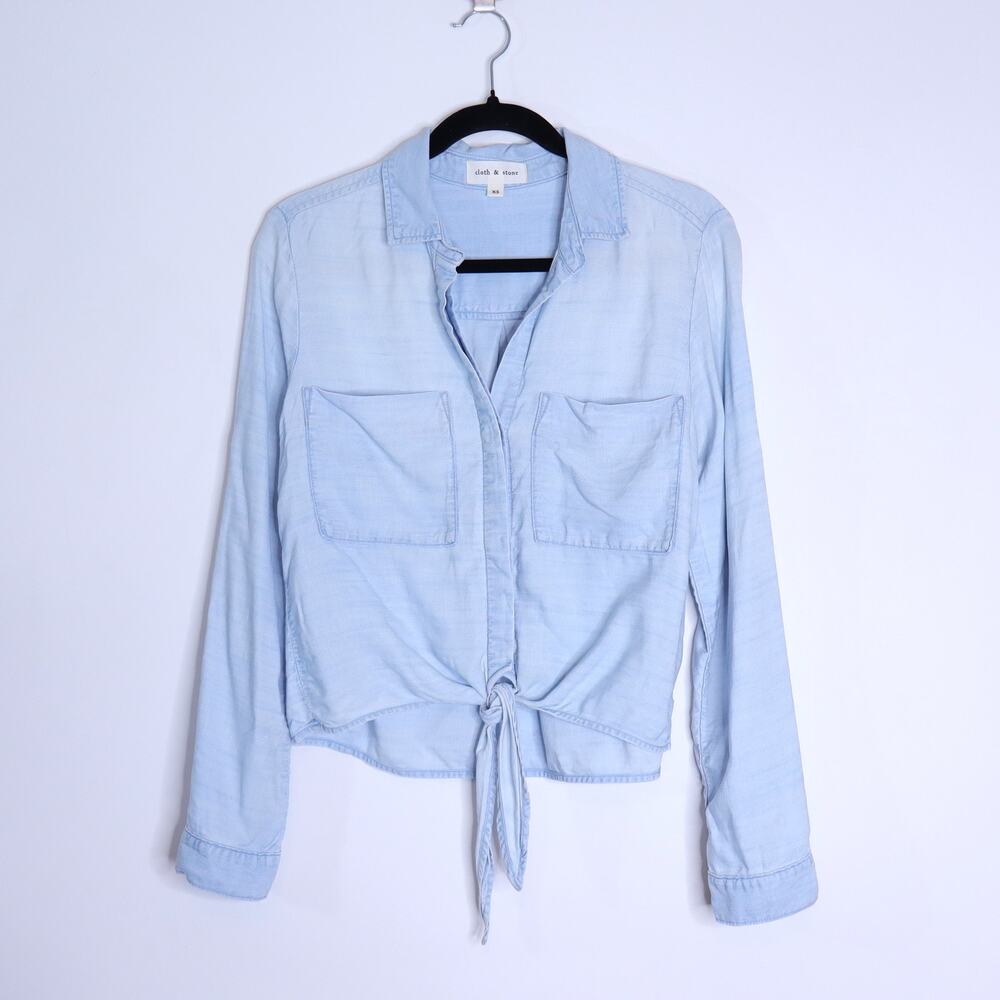 CLOTH & STONE Tie Front Surf Shirt Light Wash Blue Tab Sleeve Women's XS